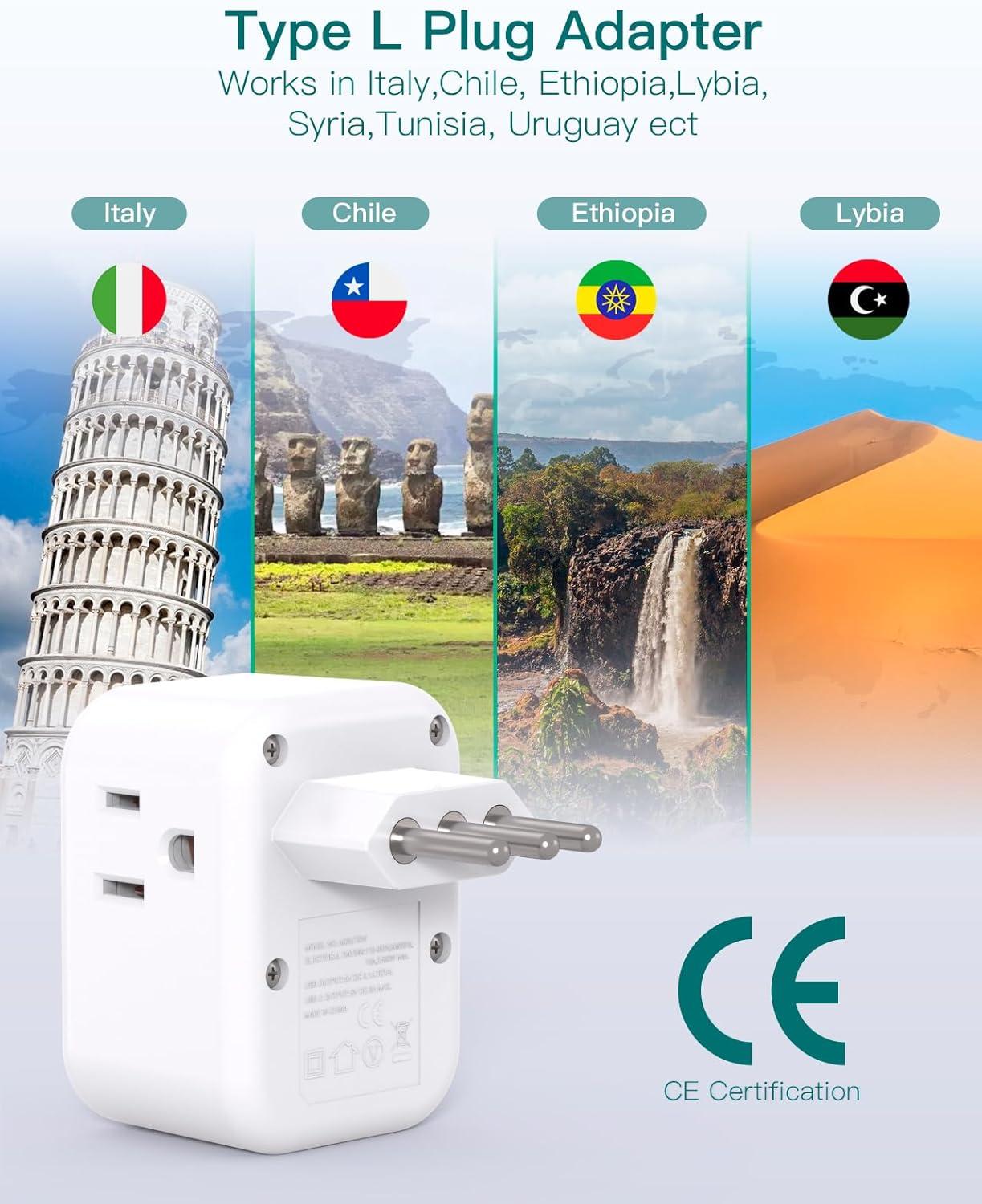 imageAddtam Italy Travel Power Adapter 3 Prong Grounded Plug with 3 USB Charging Ports1 USB C Ports Type L Outlet Adaptor Charger for USA to Italy Uruguay Chile ItalianType L Italy Chile  1 Pack