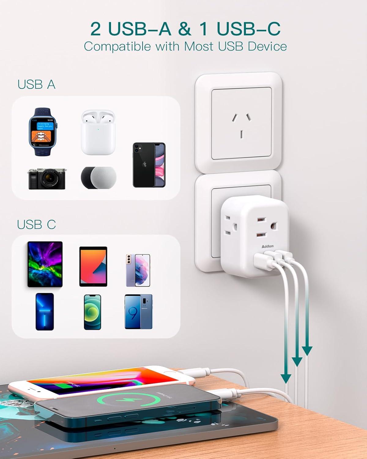 imageAddtam Italy Travel Power Adapter 3 Prong Grounded Plug with 3 USB Charging Ports1 USB C Ports Type L Outlet Adaptor Charger for USA to Italy Uruguay Chile ItalianType I Australia China  1 Pack