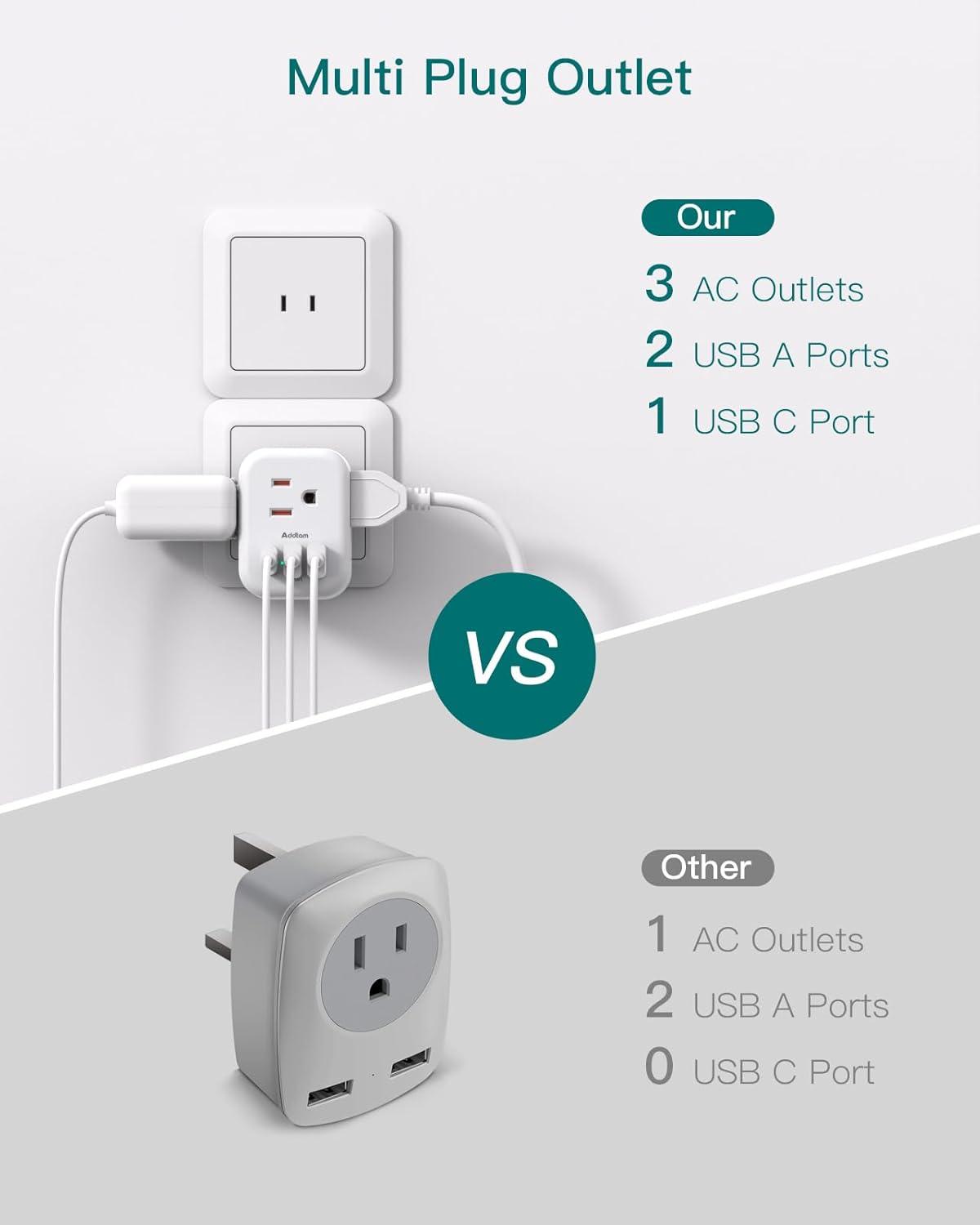 imageAddtam Italy Travel Power Adapter 3 Prong Grounded Plug with 3 USB Charging Ports1 USB C Ports Type L Outlet Adaptor Charger for USA to Italy Uruguay Chile ItalianType A Japan USA China  1 Pack