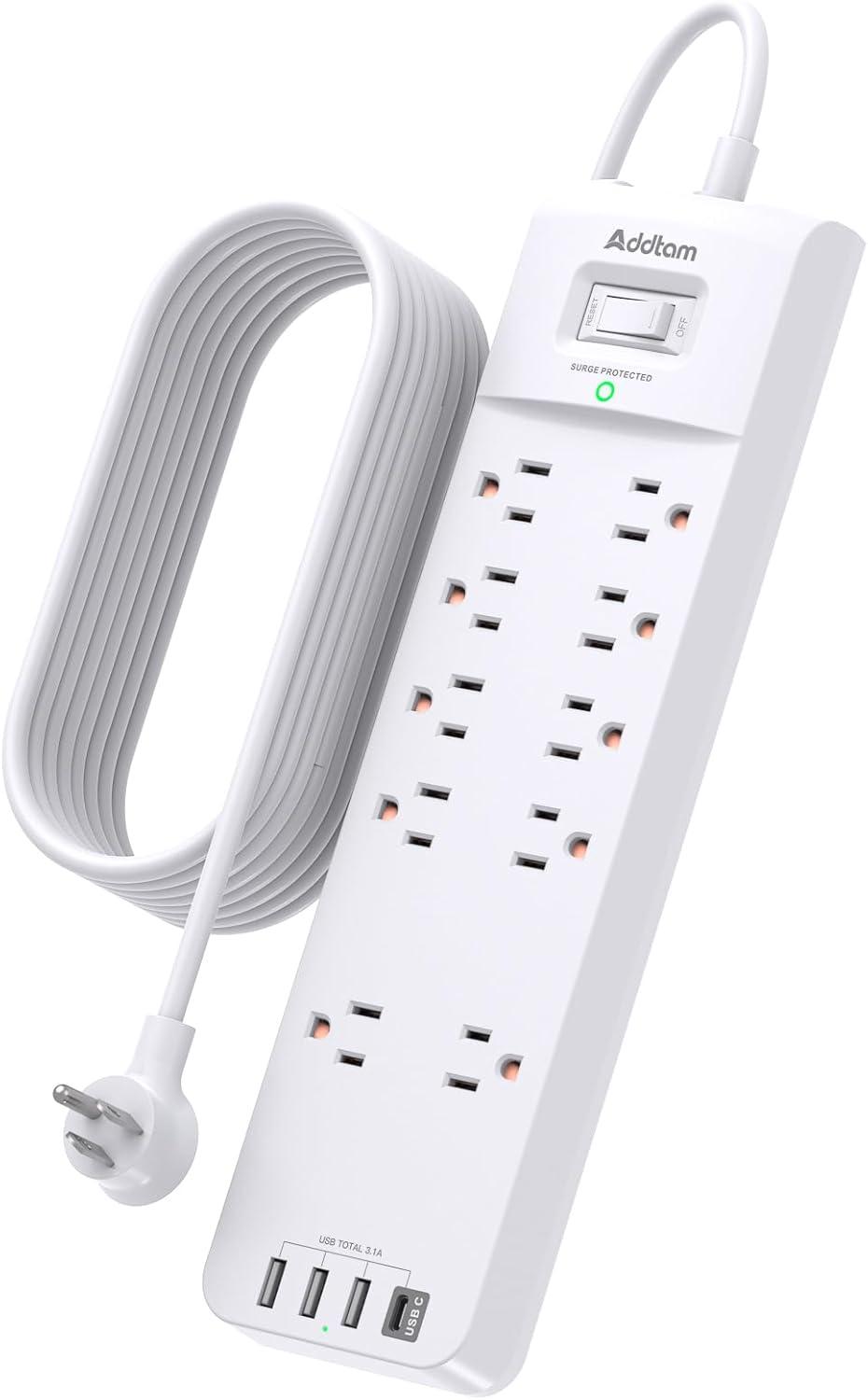 imagePower Strip  Addtam Surge Protector with 10 Outlets and 4 USB Ports 6 Feet Extension Cord with Flat Plug 2700 Joules ETL Listed BlackWhite