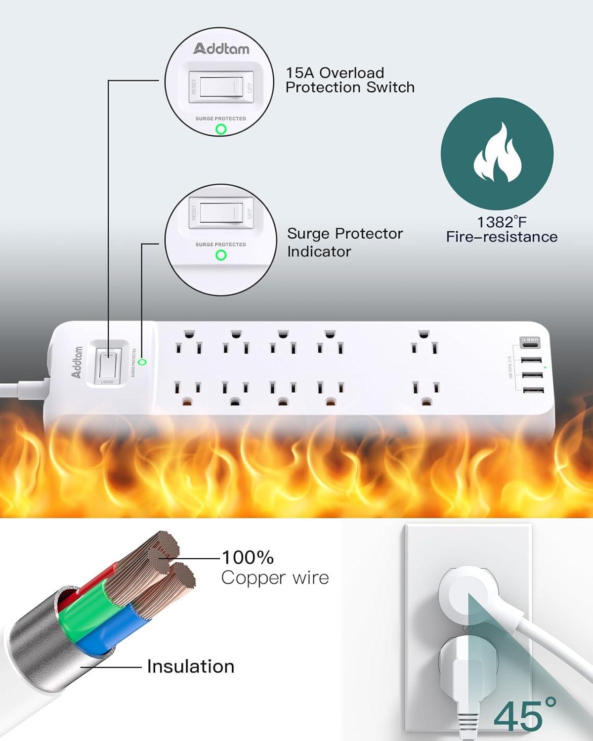 imagePower Strip  Addtam Surge Protector with 10 Outlets and 4 USB Ports 6 Feet Extension Cord with Flat Plug 2700 Joules ETL Listed BlackWhite