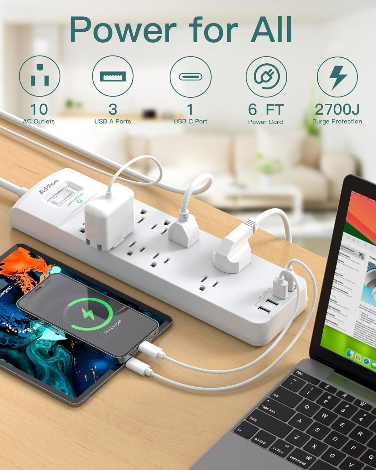 imagePower Strip  Addtam Surge Protector with 10 Outlets and 4 USB Ports 6 Feet Extension Cord with Flat Plug 2700 Joules ETL Listed BlackWhite