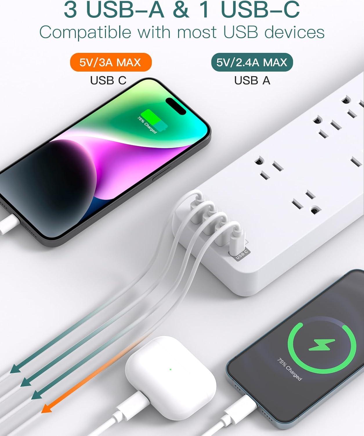 imagePower Strip  Addtam Surge Protector with 10 Outlets and 4 USB Ports 6 Feet Extension Cord with Flat Plug 2700 Joules ETL Listed BlackWhite