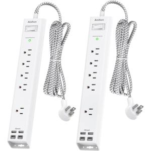 image2 Pack Power Strip Surge Protector  5 Widely Spaced Outlets 3 USB Charging Ports 1875W15A with 5Ft Braided Extension Cord Flat Plug Overload Surge Protection Wall Mount for Home OfficeWhite10FT