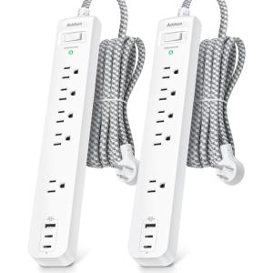 image2 Pack Power Strip Surge Protector  5 Widely Spaced Outlets 3 USB Charging Ports 1875W15A with 5Ft Braided Extension Cord Flat Plug Overload Surge Protection Wall Mount for Home OfficeWhite6FT