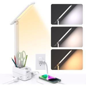 imageAddtam LED Desk Lamp Power Strip with 3 Outlets 4 USB Charging Ports2 USBC 4 Modes 5 Level Brightness Touch Lamp Small Desk Lamp for Home Office College Dorm Room Essentials 10FTWhite with Pen Holder