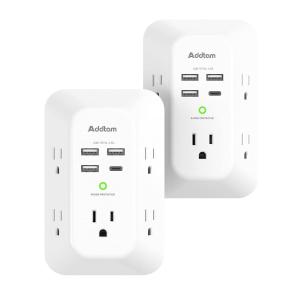 imageAddtam USB Wall Charger Surge Protector 5 Outlet Extender with 4 USB Charging Ports 3 Sided 1800J Power Strip Multi Plug Outlets Wall Adapter Spaced for Home Office 2 Pack5 AC Outlets  2 Pack