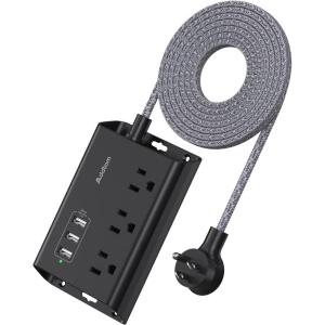 imagePower Strip with USB Addtam ETL Certificate Flat Plug Extension Cord with 3 USB Ports 3 Widely Spaced Outlets 5 Feet Braided Cord Desktop Small Travel Power Strip for Cruise Ship Home OfficeBlack