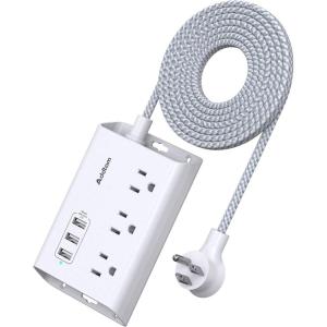imagePower Strip with USB Addtam ETL Certificate Flat Plug Extension Cord with 3 USB Ports 3 Widely Spaced Outlets 5 Feet Braided Cord Desktop Small Travel Power Strip for Cruise Ship Home OfficeWhite