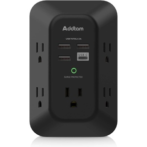 image:imageAddtam 5Outlet Extender Surge Protector Multi Plug Wall Outlet with 4 USB Wall Charger2 USB C Outlet Splitter Power Strip for Home Office Dorm Room Essentials Plug Extension Outlet 1800J Black1C3A No PD