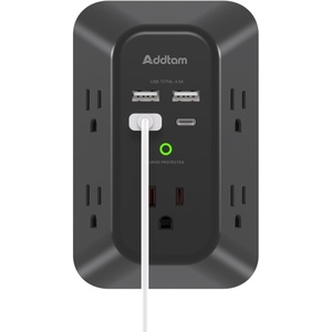 image:imageAddtam 5Outlet Extender Surge Protector Multi Plug Wall Outlet with 4 USB Wall Charger2 USB C Outlet Splitter Power Strip for Home Office Dorm Room Essentials Plug Extension Outlet 1800J Black2C2A No PD