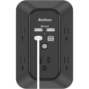 image:imageAddtam 5Outlet Extender Surge Protector Multi Plug Wall Outlet with 4 USB Wall Charger2 USB C Outlet Splitter Power Strip for Home Office Dorm Room Essentials Plug Extension Outlet 1800J Black2C2A PD 20W