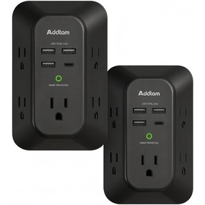 image:imageAddtam 5Outlet Extender Surge Protector Multi Plug Wall Outlet with 4 USB Wall Charger2 USB C Outlet Splitter Power Strip for Home Office Dorm Room Essentials Plug Extension Outlet 1800J Black1C3A 2 Pack
