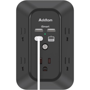 image:imageAddtam 5Outlet Extender Surge Protector Multi Plug Wall Outlet with 4 USB Wall Charger2 USB C Outlet Splitter Power Strip for Home Office Dorm Room Essentials Plug Extension Outlet 1800J Black2C2A PD 30W