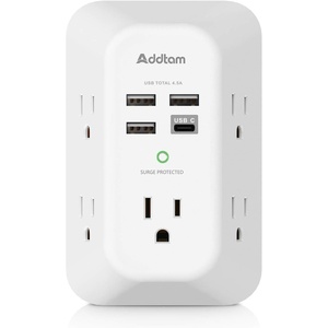 image:imageAddtam 5Outlet Extender Surge Protector Multi Plug Wall Outlet with 4 USB Wall ChargerPD 30W Outlet Splitter Power Strip for Home Office Dorm Room Essentials Plug Extension Outlet 1800J1c3a