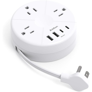 image:imageAddtam Travel Esstentials  Cruise Approved Power Strip with 5ft Retractable Cord Ultra Thin Flat Plug 3 Outlets 4 USB 2 USB C Non Surge Protector for TravelCruiseHomeDormOffice ETL ListedWhite