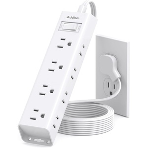 image:imageAddtam White Braided Power Strip Surge Protector with 12 Outlets Flat Plug 6FT Extension Cord 3Side Wide Spaced Outlet Extender Wall Mount Desk Charging Station for Home Office GarageWhite